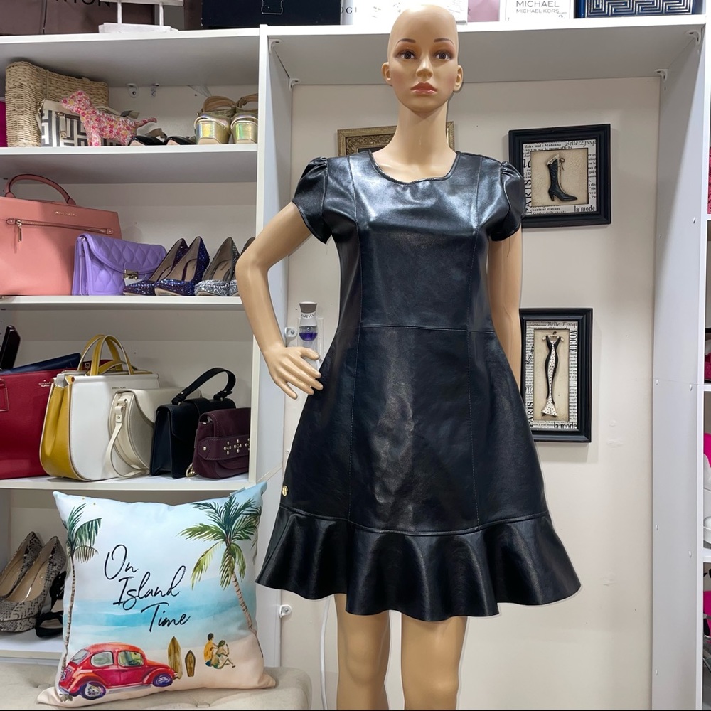 Thais Rodrigues NWOT! Black Leather Ruffle Midi Dress Size P